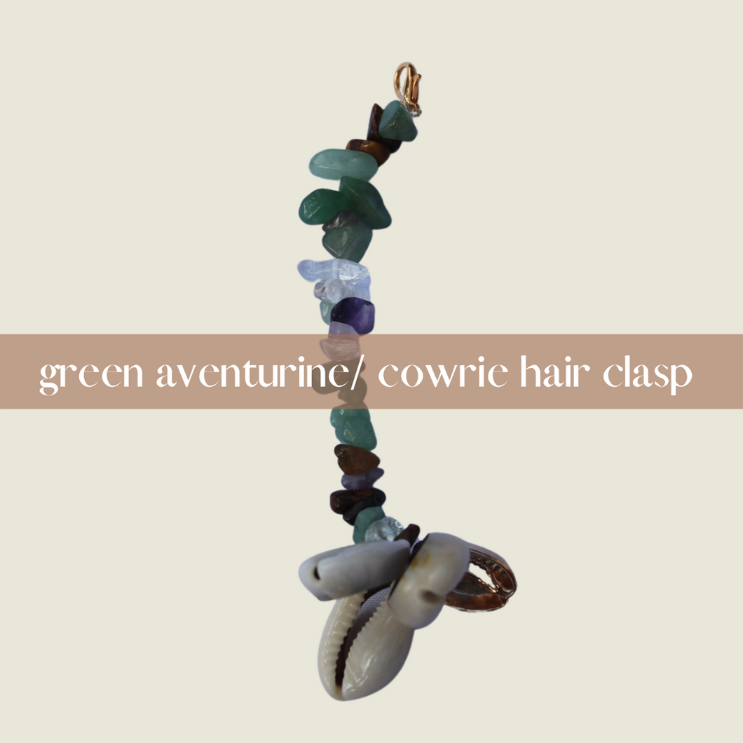 Green aventurine / cowrie hair clasp